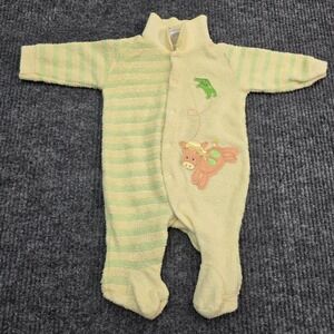 Vtg Carters Baby 0-3M Yellow Green Stripe Terrycloth Pajamas Embroidered Animals